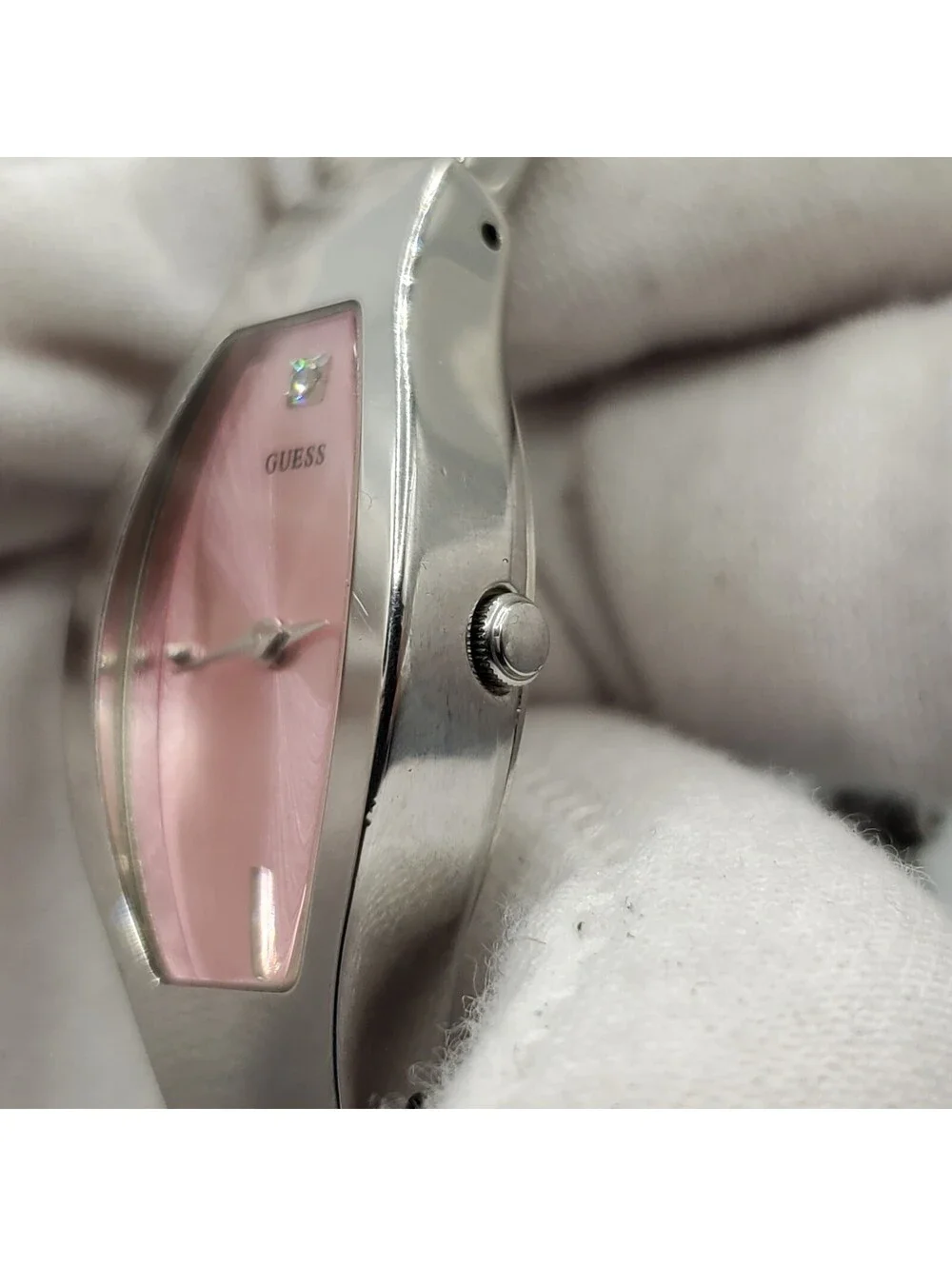 Guess Pink Dial Rectangle Womens Watch  17mm Silver Tone New Battery